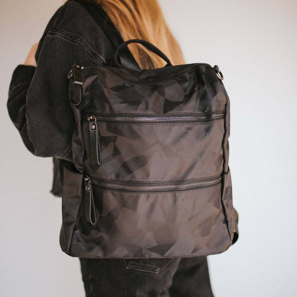 "Nori" Nylon Backpack | Black Geo Print