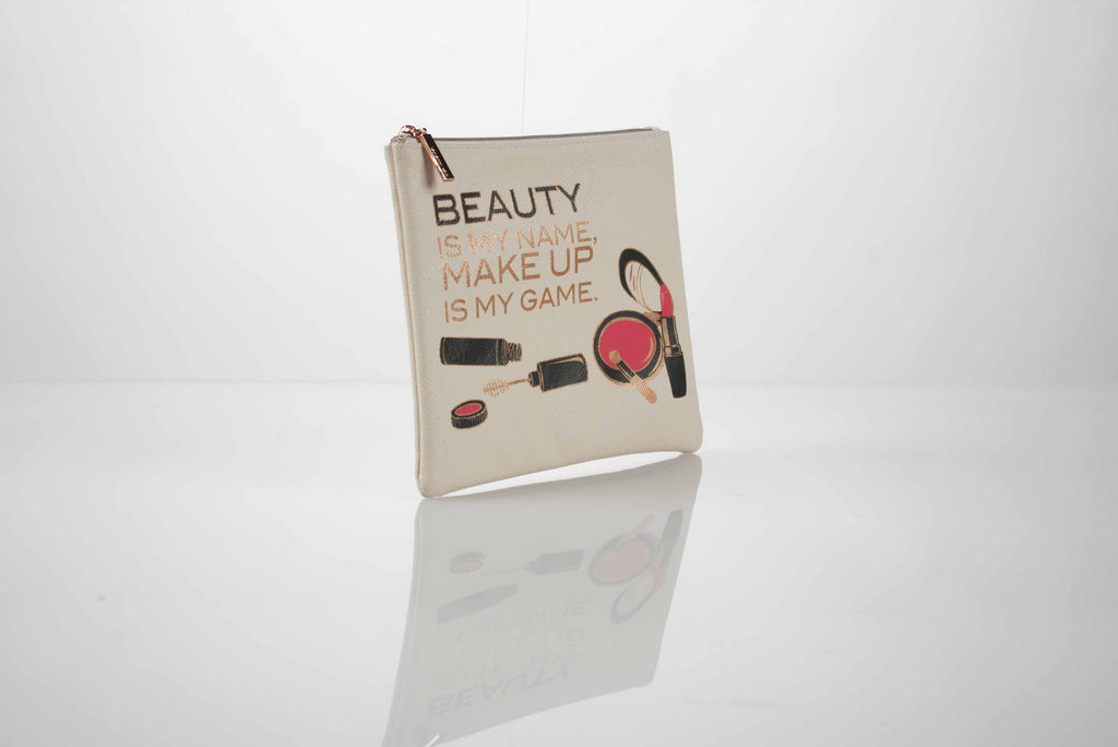 image of beauty is my name make up is my game cream cosmetic pouch