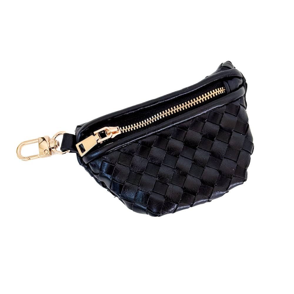 Black woven bag charn with gold zipper and clasp 