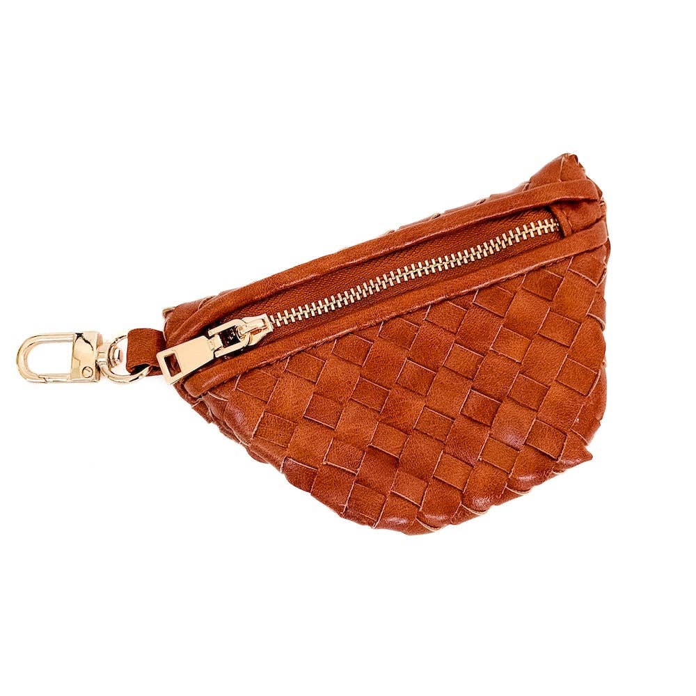 Brown woven bag charm with gold zipper and clasp 