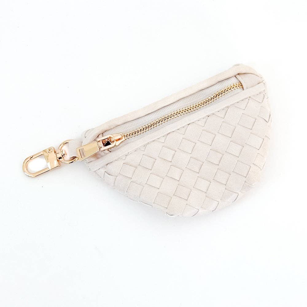 White woven bag charm with gold zipper and clasp 