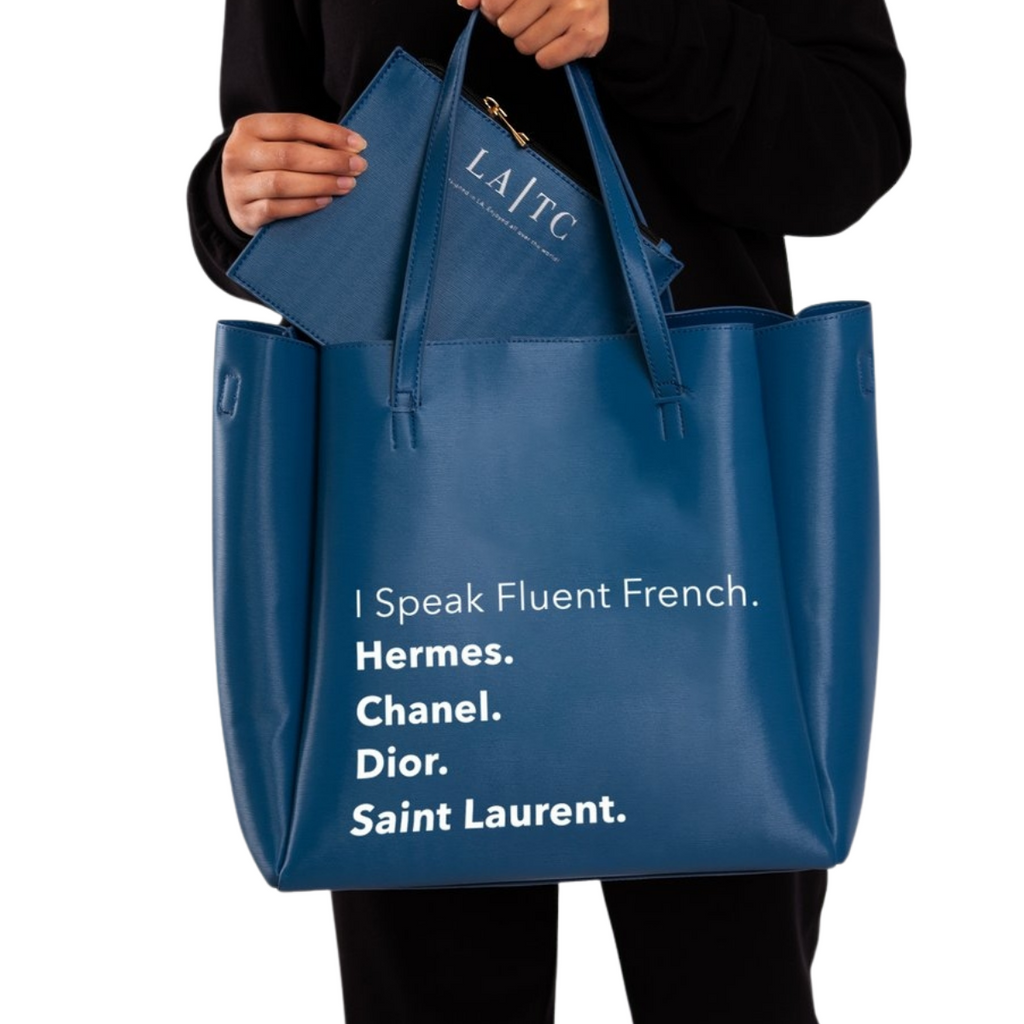 "I Speak Fluent French... " Textured Vegan Leather Tote | Indigo Blue